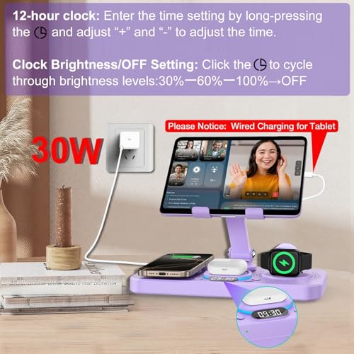 Image of 30W Charging Station for Apple Products, Foldable Wireless Charger with Clock Display&7 Color Light, Wired Charging for iPad /Tablet Charging Station for iPhone17, for Apple Watch11 for AirPods4(Purple