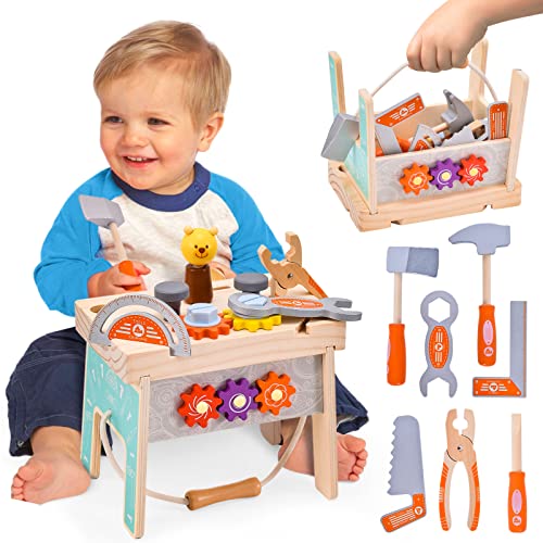 Atoylink Montessori Banc à Outils Enfants Jouet en Bois Outils Enfant Boîte à Outils en Bois Jeu de Construction Bricolage Enfant Jeux Educatif Cadeau Noël pour Enfants Garçons Filles 3 4 5 6 Ans