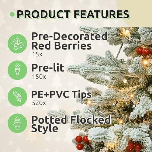 GOOBED 6ft Potted Pre-Lit Flocked Arctic Fir Pencil Christmas Tree with 520 PE & PVC Branch Tips, 150 LED Lights, 15 Artificial Berries, Slim Potted Christmas Tree for Home, Porch, or Living Room