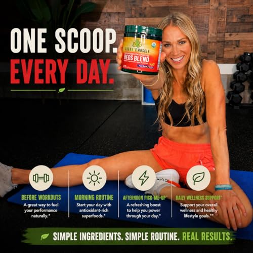 Image of Organic Muscle Superfood Reds Powder Supplement | USDA Certified Organic Beet Root, Acai, Pomegranate | Caffeine-Free Energy, Antioxidants, Vegan | Berry Flavor, Non-GMO, 30 Servings