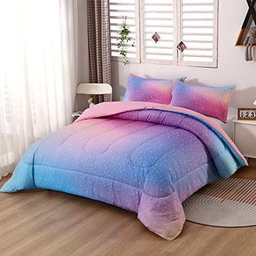 Rainbow Comforter Set For Girls Star Pink Bedding Unicorn Galaxy Bedding Sets Digital Print Girls Queen Bedding Set Pink Reversible Comforter Set(Queen, Pink) #TOP1