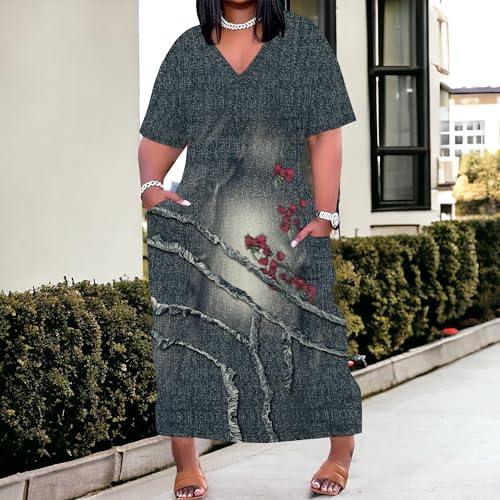 Image of SUZONANA Plus Size Denim Print Shirt Maxi Dresses for Curvy Women Casual Blue Jean Summer Outfits Long Short Sleeve Dress with Pockets Patchwork 5XL