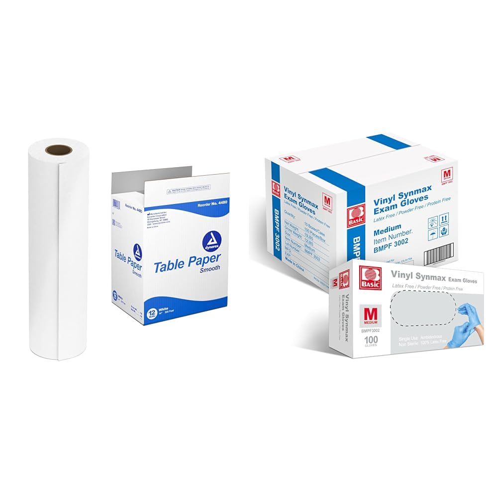 Dynarex 14"x225ft Smooth Headrest Table Paper, 1 Case and Basic Medical Medium 1000-Count Powder-Free Vinyl Exam Gloves