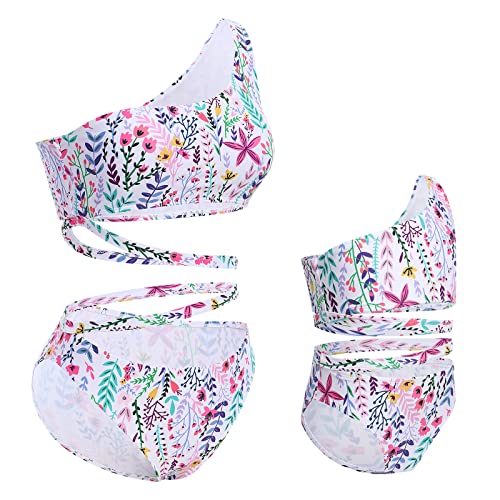 Mother and Daughter One Shoulder Swimsuit Family Matching Floral Bathing Suit Mommy and Me Swimwear Women Cutout Bandage Bikini Set Kids Toddler Leaves Printed Bathing Suit Purple Leaf 7-8 Years