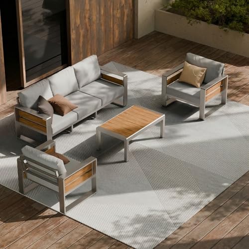 Image of ZANDOR Aluminum Outdoor Patio Furniture Set with Table,5 Seat, Silver | Rustproof,High weight capacity,Water-repellent,Washable Cover,All-Weather Resistant,Easy clean,for Poolside Backyard Deck
