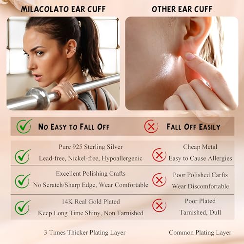 MILACOLATO 3Pcs Ear Cuffs Non Piercing - 14K Gold Plated/Sterling Silver Ear Cuff Earrings for Women Cubic Zirconia Clip On Cartilage Conch Earrings for Non Pierced Ears Adjustable Fake Earrings Set Hypoallergenic Jewelry4