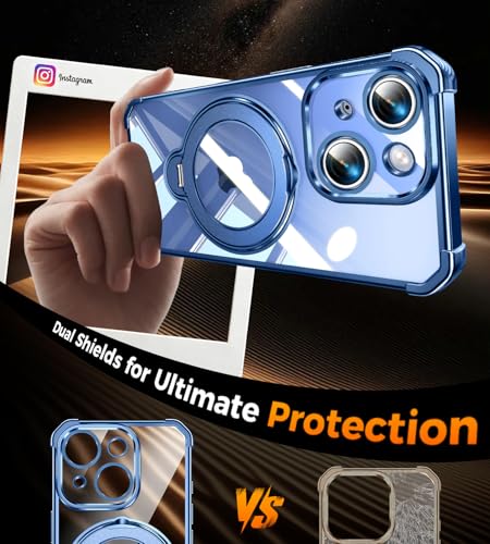 Image of Soft Case for iPhone 15 with 360 Rotating Magnetic Stand, Compatible with Mag-Safe, 4X MIL-Drop Protection, Lightweight Glossy Anti-Yellowing Clear Back Phone Cover for iPhone 15 6.1 inch, Blue