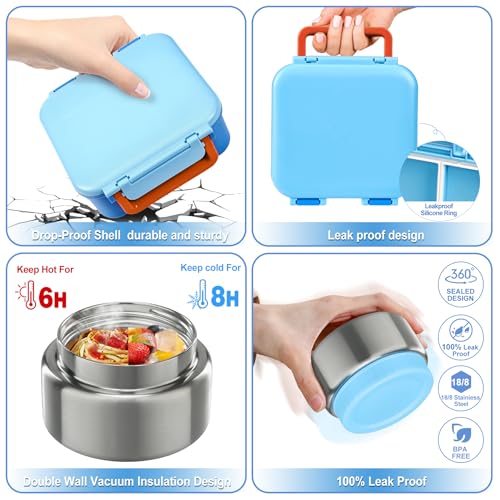 Image of Kids Bento Lunch Box with 9oz Soup Thermo Leakproof Lunch Food Containers 4 Compartment with Insulated Hot Food Jar for Kid Toddler Girls Boys to School, Trvael