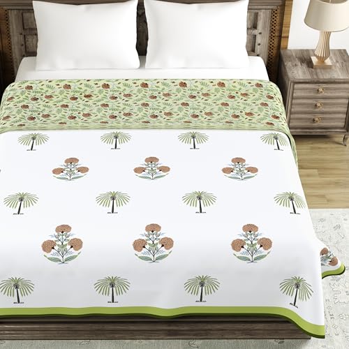 Image of BLOCKS OF INDIA 100% Cotton Dohar King Size Reversible Hand Block Printed Malmal Summer Dohar /Blanket (Open Green Motifs)