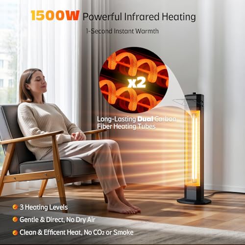 Image of Outdoor Electric Patio Heater, 34-inch 1500W Infrared Tower Heater with Instant Heating, Tip-Over & Overheat Protection, IPX5 Waterproof Space Heater for Patio Garage Workshop Indoor & Outdoor Use