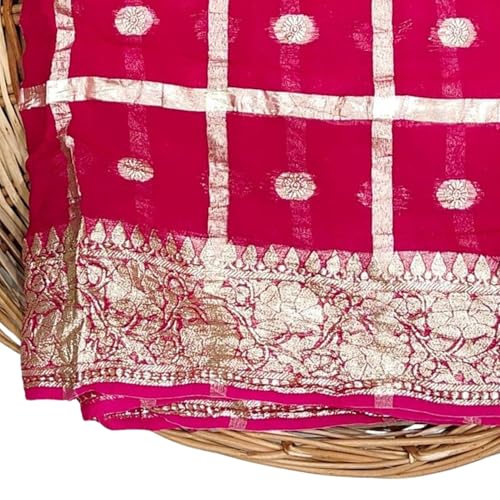 Image of Women's Pure Viscose Georgette Checks Zari Fabric Jaipuri Saree with Matching Blouse
