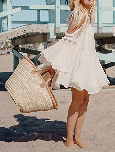 R.Vivimos Women Cotton Long Sleeve V Neck Cold Shoulder Casual Ruffles Loose Short Dresses (Medium, Beige)