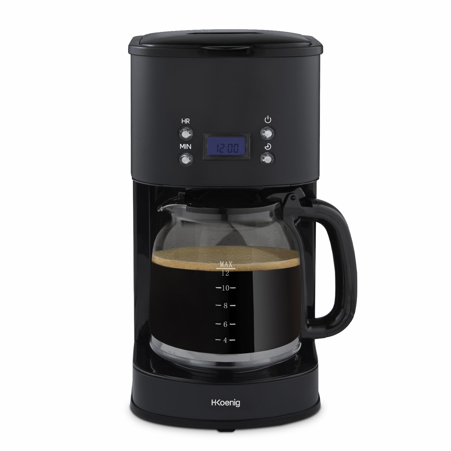 H.Koenig Cafetière Programmable MG32, Machine à café filtre, Réservoir à eau 1,5L (12 tasses), 1000W, Carafe en Verre Graduée, Ecran LCD, Corps en acier inoxydable, Noir