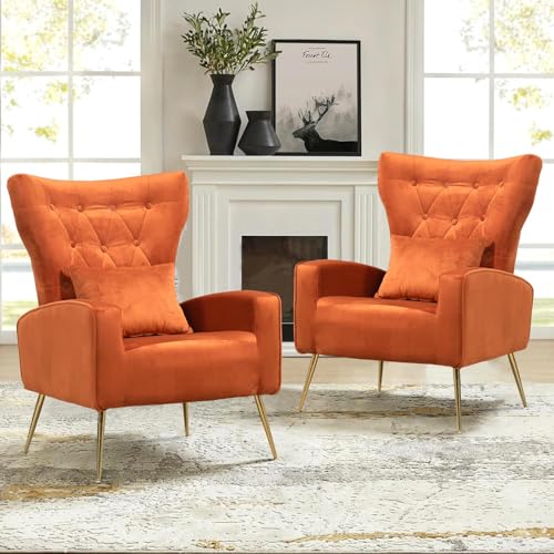 WQSLHX Mid-Century Accent Chairs Set of 2 Wingback Chair with Arm & Gold Legs Living Room Bedroom Side Chair with Lumbar Pillow Velvet Upholstered Button-Tufted Orange