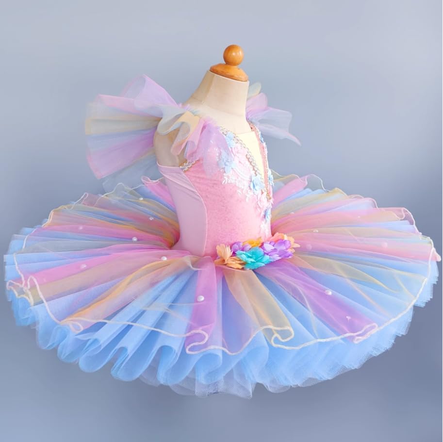 Neue Professionelles Ballett Kleid Pancake Rock Tutu für Mädchen Regenbogenfarben Prinzessin Ballettkleidung Tanzrock