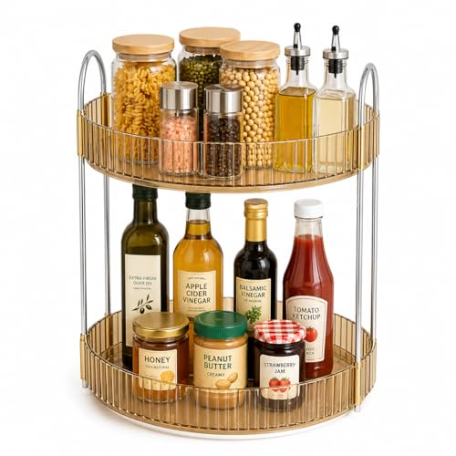 Image of 360 Rotating Organizer, dressing table organiser, rotating makeup organisers, Plastic dressing table organizer for storage Lipsticks, Nail Polishes & Perfume Organizer | Bathroom tray - Yellow,2 Layer