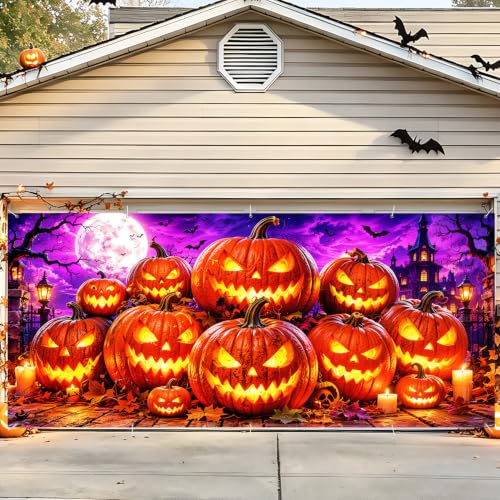 Image of Halloween Garage Door Decorations 7 x 16 ft, Jack O Lantern Cover