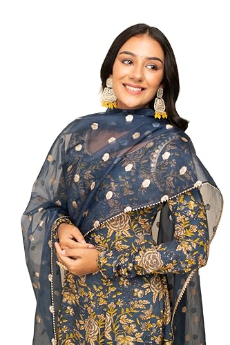 Image of FIORRA Women's Navy Blue Cotton A-line Kurta with Pant and Dupatta