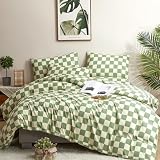 CLOTHKNOW Green White Plaid Queen Comforter Set Grid Bedding Comforter Sets Checkerboard Comforter Checker Queen Comforter with 2 x Pillow Cases
