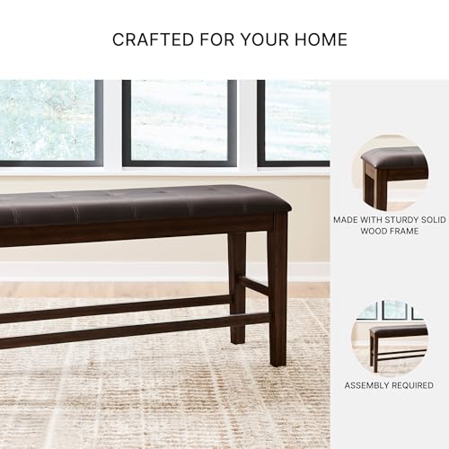Image of Signature Design by Ashley Haddigan Casual Tufted Faux Leather Upholstered Counter Height Dining Bench with Oak Finish, Dark Brown