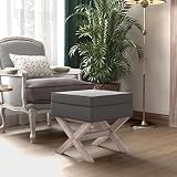 Runheo Sgabello con vano portaoggetti, in tessuto grigio scuro, 45 x 45 x 49 cm, imbottito, con gambe in legno, per corridoio, camera da letto, guardaroba
