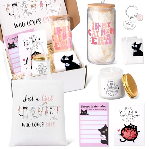Cat Lover Gifts for Women Cat Mom Gifts Cats Themed Gift for Christmas Mothers Day Birthdays Gift for Cats Lovers for Crazy Cats Lady Mom Daughters with Canvas Bag Glass Cup Scented Candle Socks