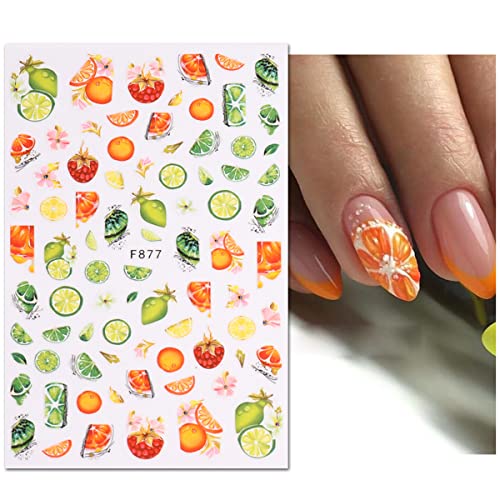 Summer 3D Nail Art Stickers Fruits Nail Stickers Adhesive Lemon Strawberry Nail Decals Fruit Design Nail Sticker Decals Summer Nail Decorations 3D Sliders For Nails Women French Manicure Supplies 6Pcs #TOP2