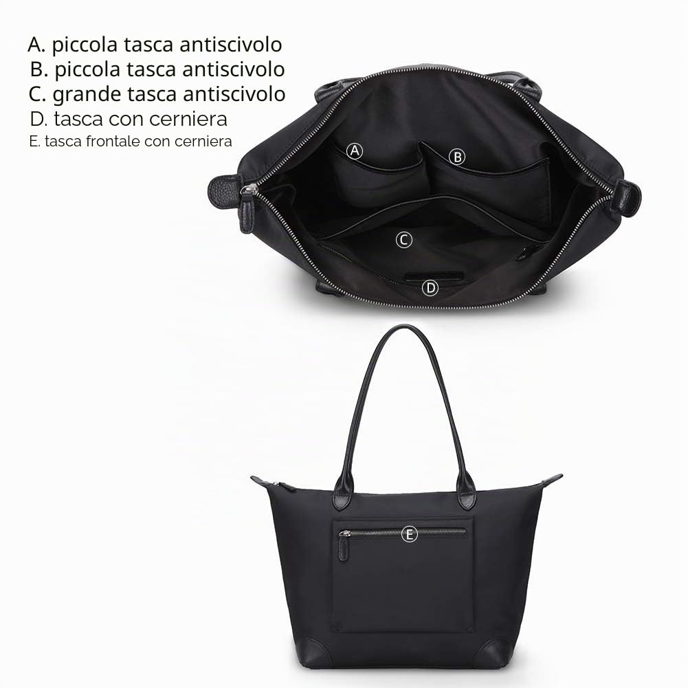 Borsa modello “Tote bag” da donna, grande borsa in nylon con manici in pelle, impermeabile, con cerniera, ideale per viaggio e lavoro
