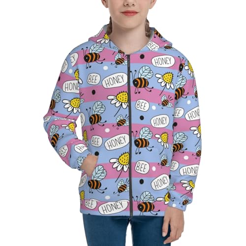 Bees And Daisies Striped Kids Pullover Hoodies Boys Zip Up Sweatshirts Girls Athletic Clothes with Pocket3