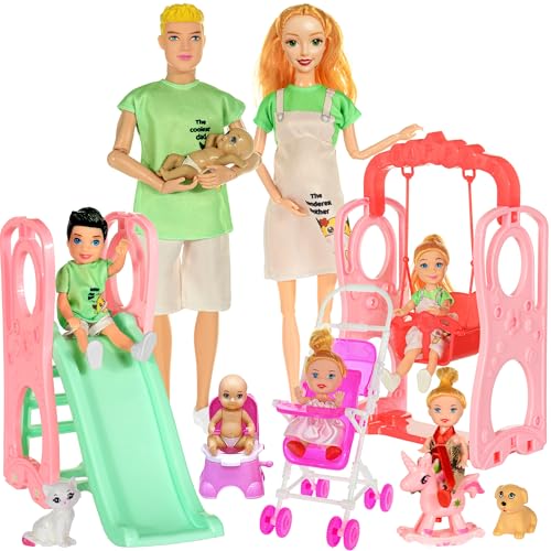 dollbie Family Dolls Playset with Slide Swing and Baby Stroller - 7 People Pets & Accessories for 3-12 Years Old Toddler Gift (Gift Box Package)