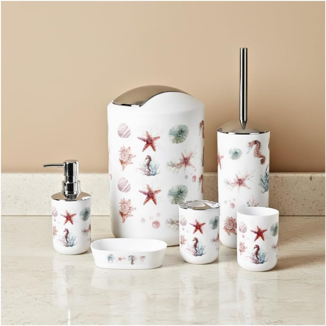 6-Piece Bathroom Accessories Set Luxury Modern Vanity Organizer Bath Set Toilet Brush with Holder, Soap Dish, Soap Dispenser, Toothbrush Holder, Tumbler, Trash Bin (Seahorse)