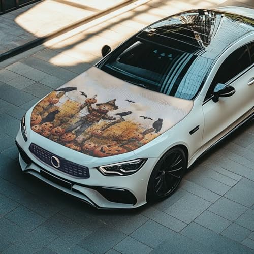 Image of Pumpkin Head Bat Car Hood Cover All Weather Protection Auto Exterior Accessories Decor for Halloween Universal Fit Hood Covers for Cars, Trucks, SUV, or Van Full Coverage