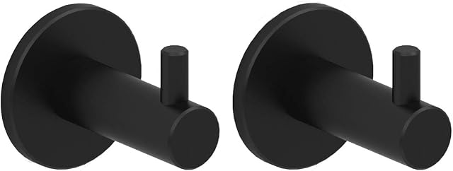 Kon-fort Home Black Towel Hook, 2 Pack Bathroom Hooks Matte Black, SUS 304 Stainless Steel Wall Mounted, Hangers Towels Robes Clothes Coats Hats. Kitchen Bedroom High End Designer Accessories