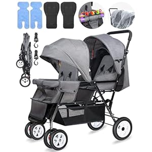 Double Stroller, Double Stroller for Infant Toddler, Foldable Double Baby Stroller with Tandem Seating and Adjustable Backrest – Extra Gift Toys/Mosquito Net/Sleeping Mats/ 2 Hooks/ 2 Pads (Grey)
