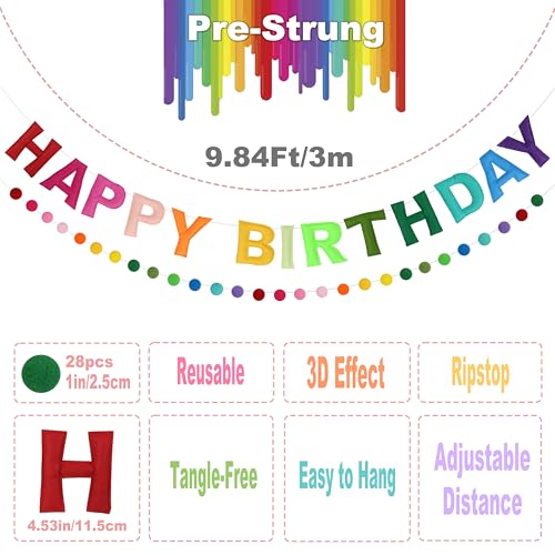 Image of 2 PCS Pre-Strung 3D Felt Happy Birthday Banner - Reusable Rainbow Happy Birthday Decorations Sign, Felt Ball Garland, Pom Pom Garland, Party Decor, Photo Prop (RAINBOW)