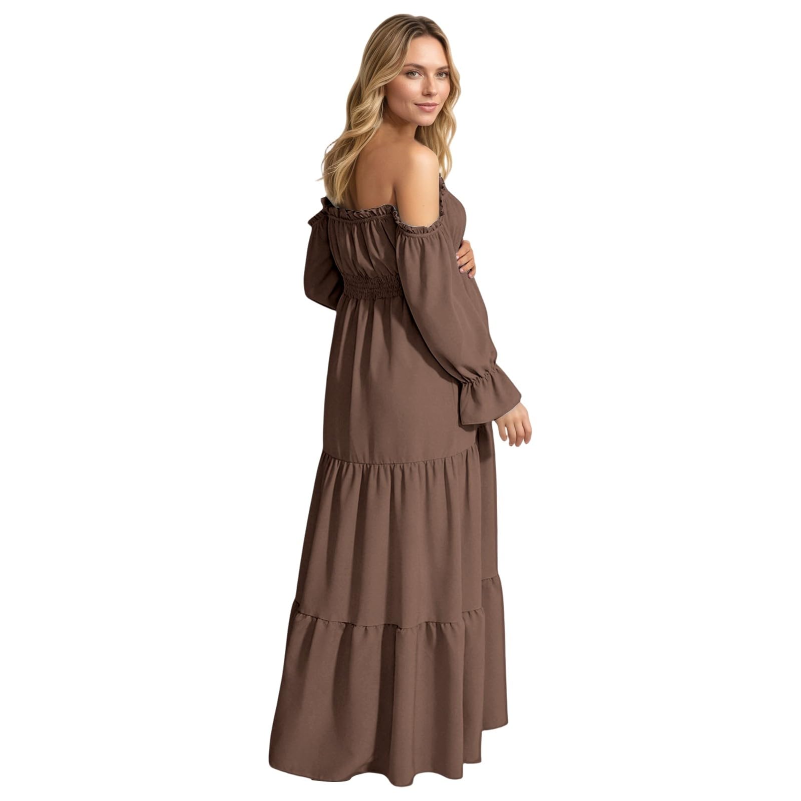 Elegante vestido de maternidad para embarazo, hombros descubiertos, manga larga, escalonado con abertura lateral, cintura alta, estilo bohemio fluido
