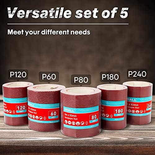 SHALL Sandpaper Roll Set 5 Rolls, 9.3cm x 5m, 60/80/120/180/240 Grit, Aluminium Oxide Abrasive Sanding Paper for SandingPolishing and Rust RemovalAluminum oxide sandpaper for woodworking