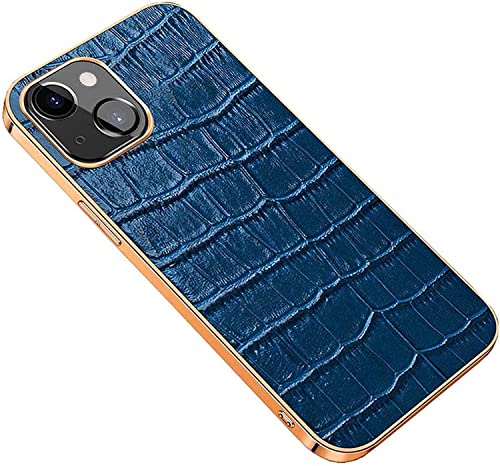 Coque iPhone 14 Plus bleu crocodile chic avec cadre doré antichoc