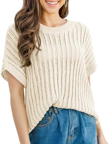 Saodimallsu Womens Crochet Tops Batwing Short Sleeve Summer Crew ...