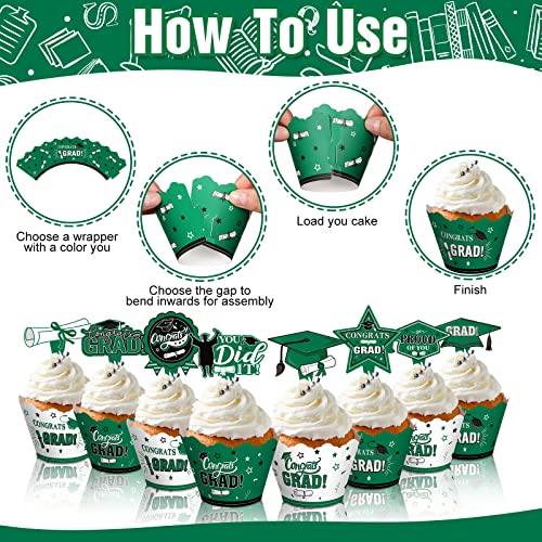 96 Pieces 2023 Graduation Cupcake Toppers Wrappers Cake Decorations 2023 Congrats Grad Cake Topper And Wrapper Graduation Party Supplies Decoration Cupcake Liners (Green) #TOP5