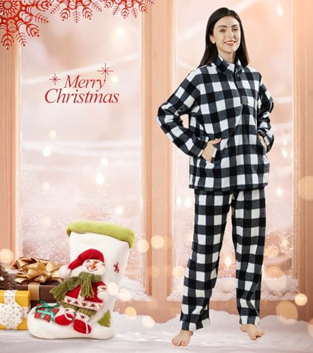 Dodheah Unisex Christmas Pajamas Set Check Sleepwear Half Zipper Pullover Top with Pockets & Long Pants Matching Nightwear4