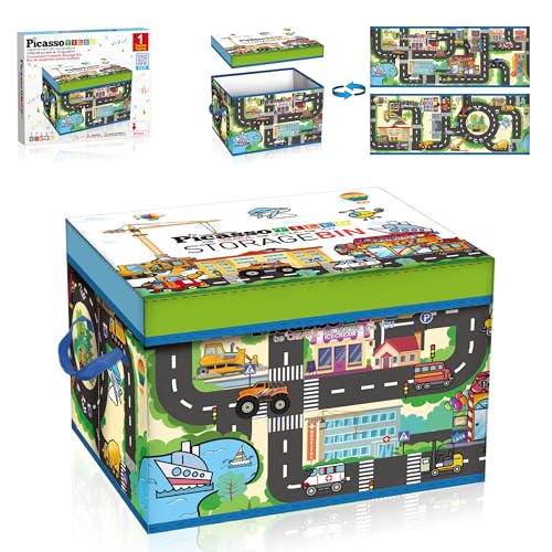PicassoTiles Magnet Tile Toy Organizer Foldable City Theme Storage Bin Box with Lid and Handles Magnetic Tiles Building Blocks STEM Educational Pretend Play Playroom Toys Toddler Kids Ages 3 Up PTA33