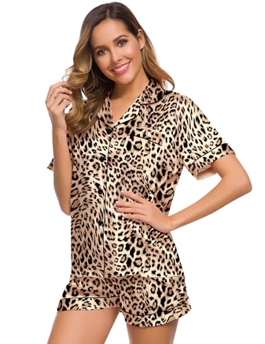 Image of SWOMOG Womens Silk Satin Pajamas Set Short Sleeve Sleepwear Button Down Top and Shorts Loungewear 2 Piece Pjs Set XS-3XL Brown Leopard Medium