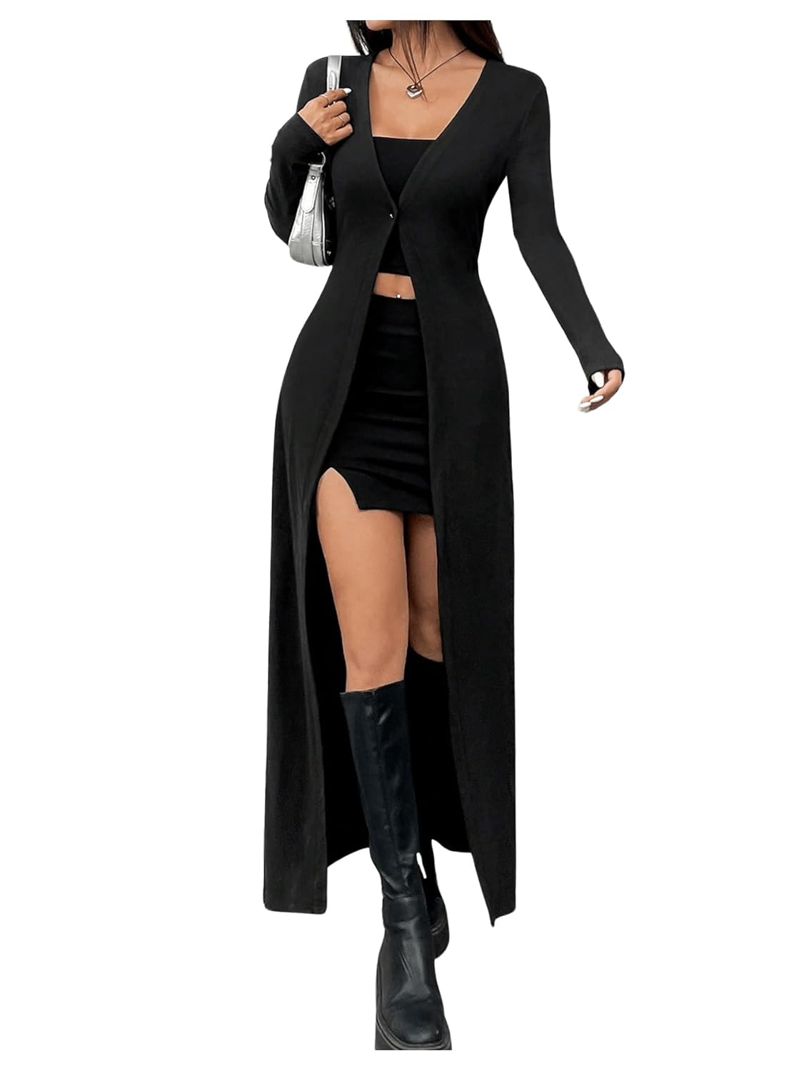 GORGLITTER Womens Long Cardigans Button Up V Neck Cozy Fitted Long Sleeve Knit Sweater Tops Gothic Winter Clothes