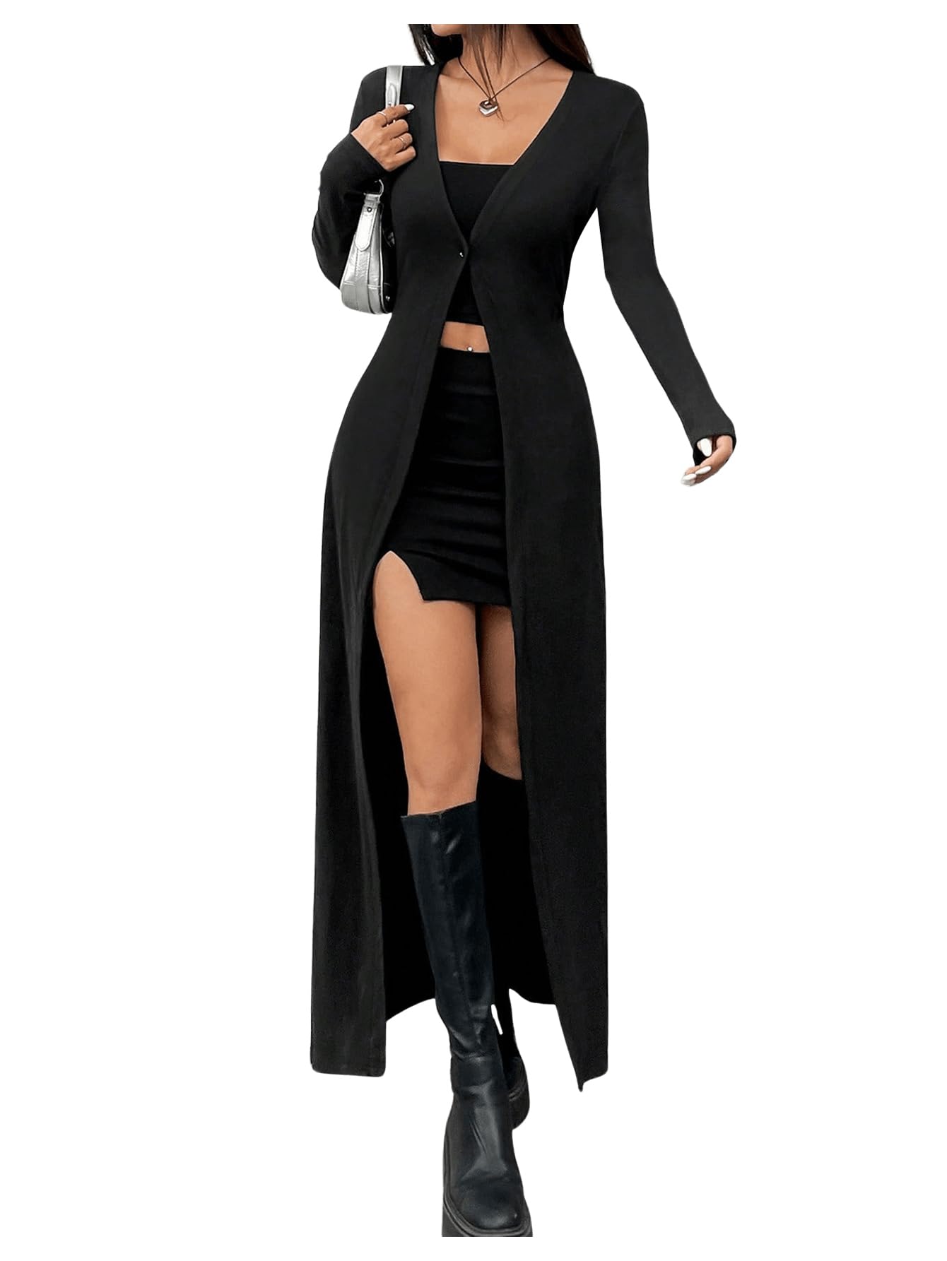 GORGLITTER Womens Long Cardigans Button Up V Neck Cozy Fitted Long Sleeve Knit Sweater Tops Gothic Winter Clothes