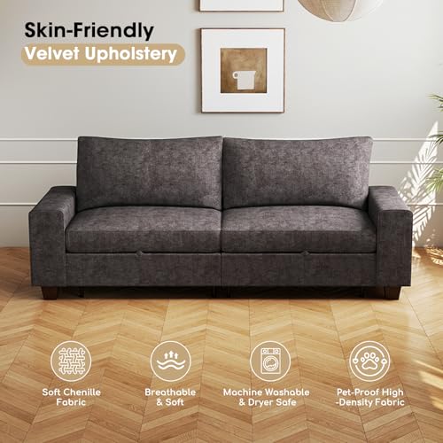 Image of Couchus 88 inch Upholstered Sofa Couch with Seats Storage, Chenille Fabric Couch for Living Room, Office, Apart W /Deep Seat, Wide Arms, Side Pockets,Removable Cover (Dark Grey)