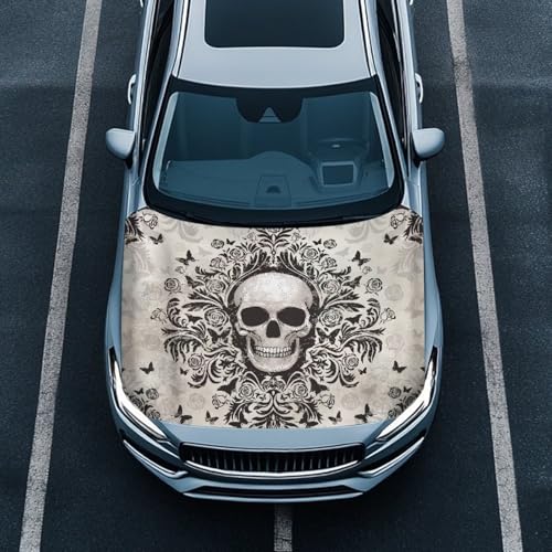 Image of Car Hood Cover Protector Waterproof Sun-Proof Auto Hood Flag Skull Stretch Polyester Fabric Cover Removable Automotive Accessories Ft Fits Most Cars