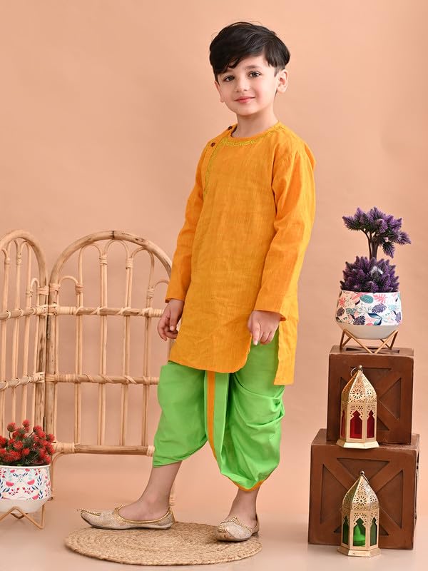 Image of superminis Baby Boy's Handloom Cotton Kurta With Embroidery Around The Neck And Contrast Color Dhoti Clothing Set
