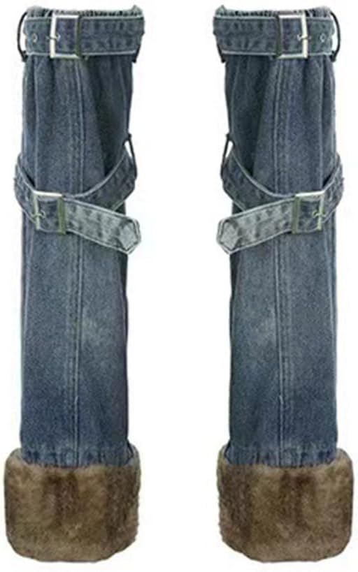Womens Punk Furry Spliced Jeans Flared Leg Covers with Metal Buckled Vintage Denims Leg Warmers Thigh High Long Socks