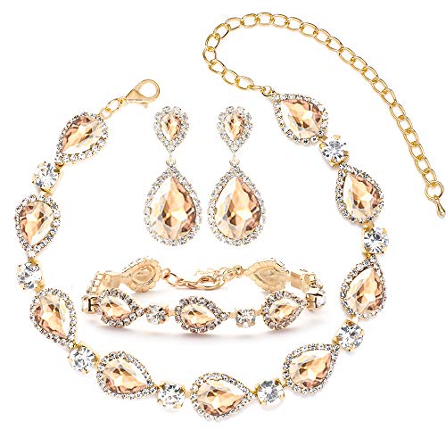 3 Pack Champagne Crystal Rhinestone Choker Necklace Link Bracelet Teardrop Dangle Earrings Jewelry Sets for Women Girls, Womens Bridal Wedding Bridesmaid Party Birthday Prom Jewelry Gift.